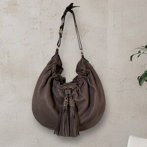 LOFT Pebble Soft Leather Large Hobo Bucket Bag w Tassels